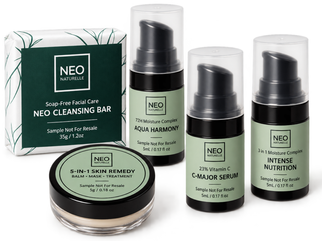 Free Sample Kit Menopause skincare sample routine with five Neo Naturelle skincare samples