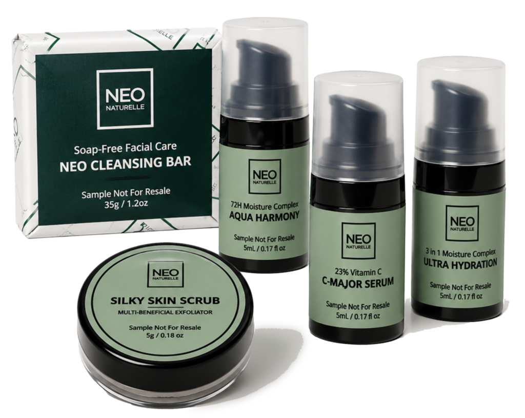 Perimenopause skincare sample routine with five Neo Naturelle skincare samples