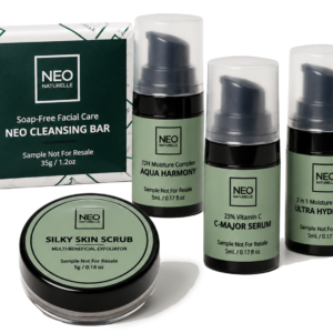 Perimenopause skincare sample routine with five Neo Naturelle skincare samples
