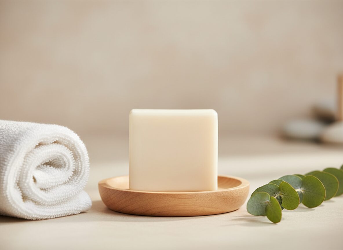 Soap-Free Facial Cleanser on wooden dish with towel and eucalyptus