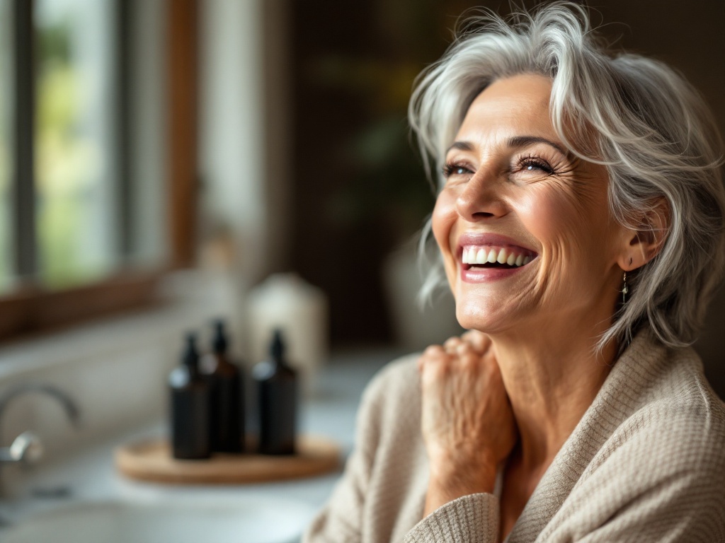 Confident woman in her fifties with radiant silver hair showcasing glowing skin from Vitamin C serum use, with premium dark glass serum bottles elegantly blurred in the background