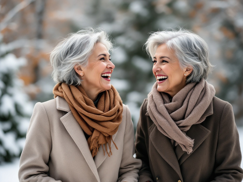 Pro-aging winter skincare in action: Two confident women in their 50s with radiant skin enjoying a winter walk, showcasing natural beauty and vitality in cold weather