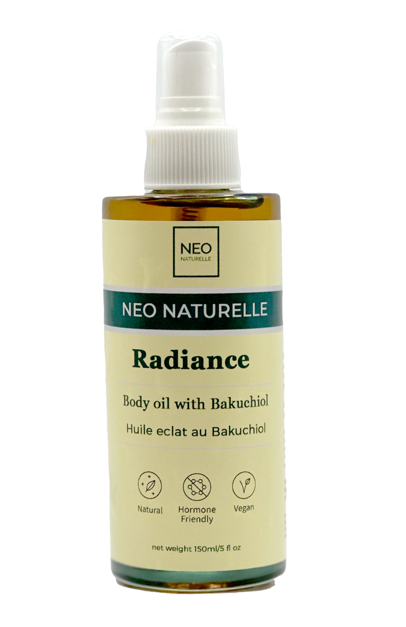 Radiance Body Oil with Bakuchiol by Neo Naturelle, upright bottle on a clean background