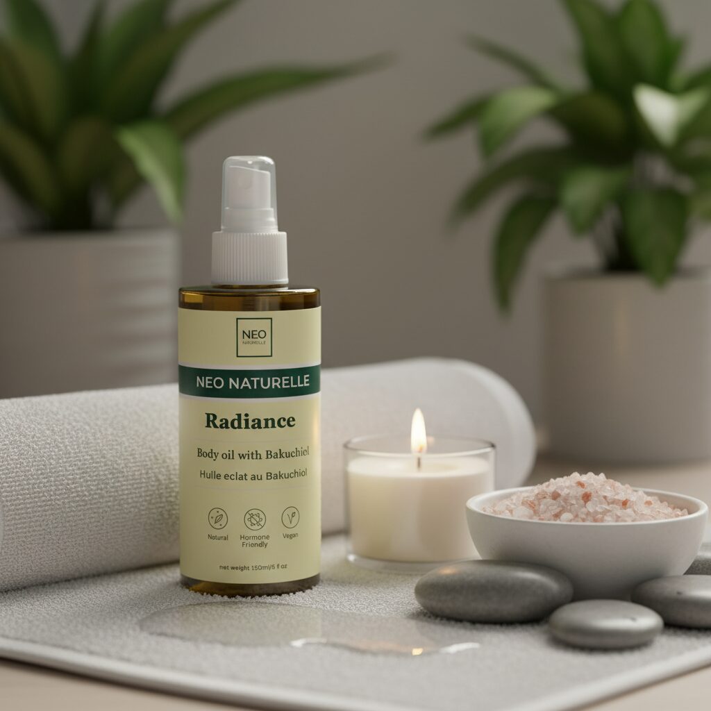 Radiance Body Oil by Neo Naturelle with a candle, bath salts, and greenery