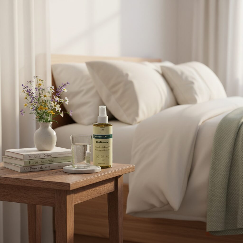 Radiance Body Oil by Neo Naturelle on a bedside table with wildflowers, water, and books