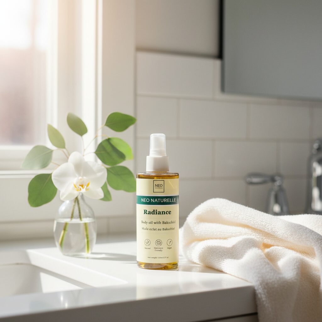 Radiance Body Oil by Neo Naturelle on a bathroom counter with a white orchid and towel