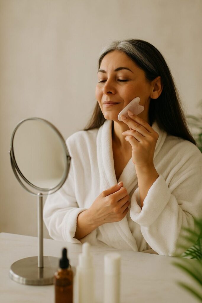 Middle-aged woman in a white robe using a gua sha tool in front of a mirror, practicing skincare as one of the natural collagen boosters for firmer skin.