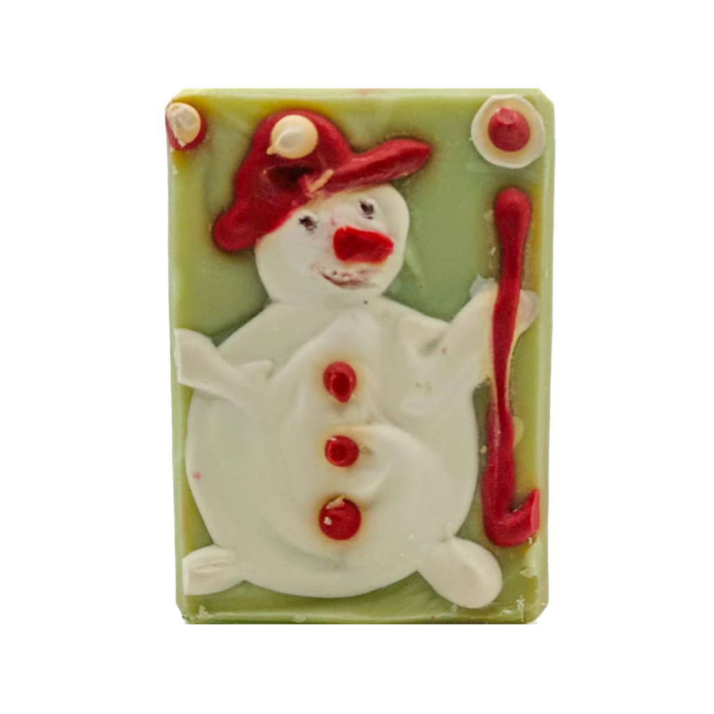 Snowman-themed soap bar with cozy winter elements like cedar and vanilla