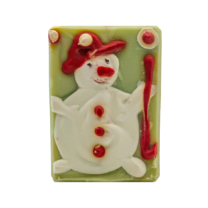 Snowman-themed soap bar with cozy winter elements like cedar and vanilla