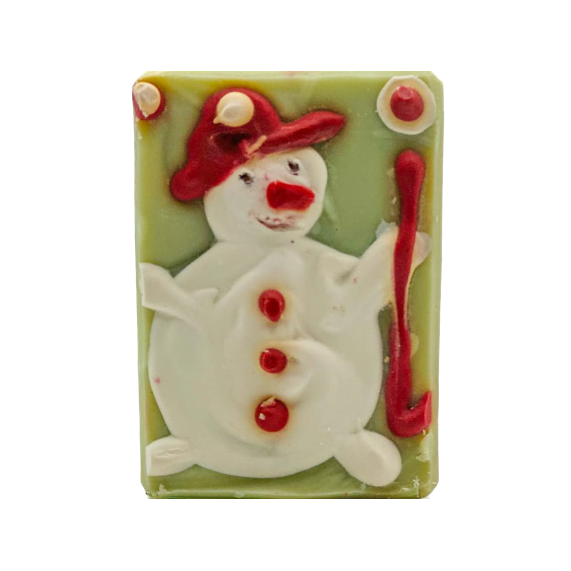 Snowman-themed soap bar with cozy winter elements like cedar and vanilla