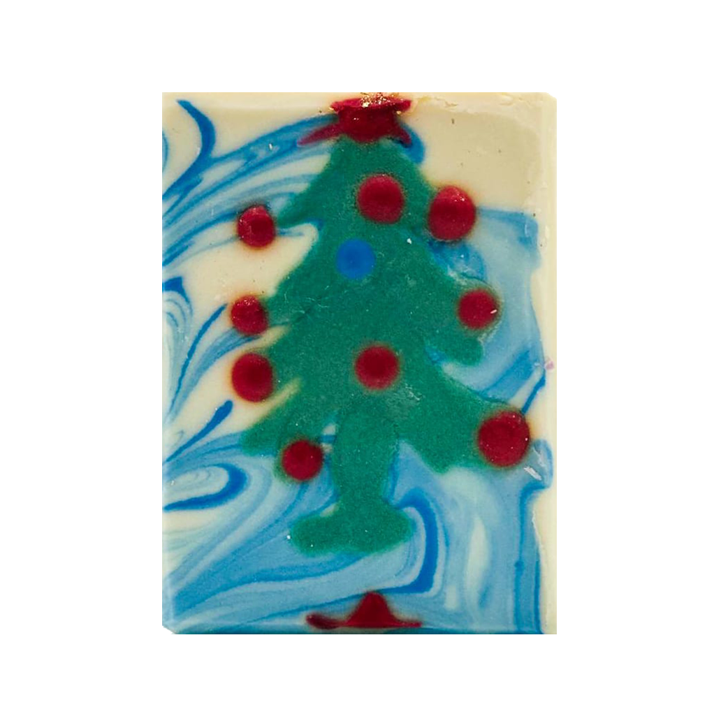 Classic Christmas tree soap bar with pine branches and festive holiday decor