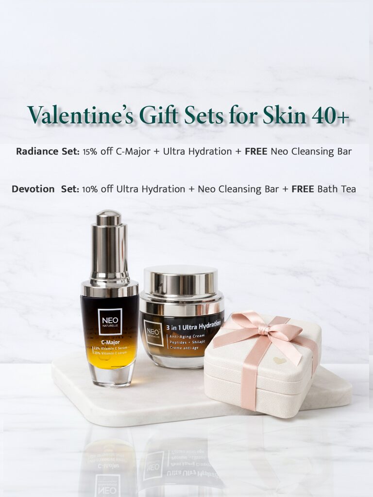 Neo Naturelle Valentine’s gift sets for skin 40+ featuring C‑Major serum, Ultra Hydration cream, and a gift box on a marble background.