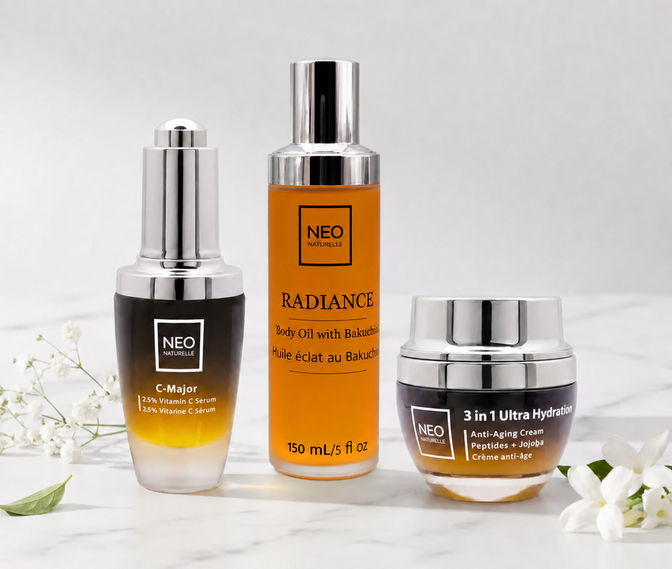 Neo Naturelle Radiance Body Oil with Bakuchiol in a silver pump bottle containing golden-yellow oil.
